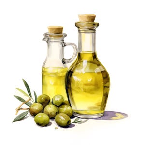 Puede incluir: Ilustraci&oacute;n en acuarela de botellas de aceite de oliva con tapones de corcho, llenas de aceite dorado. Aceitunas verdes y ramas de olivo se colocan frente a las botellas, sugiriendo un producto fresco y natural. La imagen tiene una est&eacute;tica limpia y brillante.