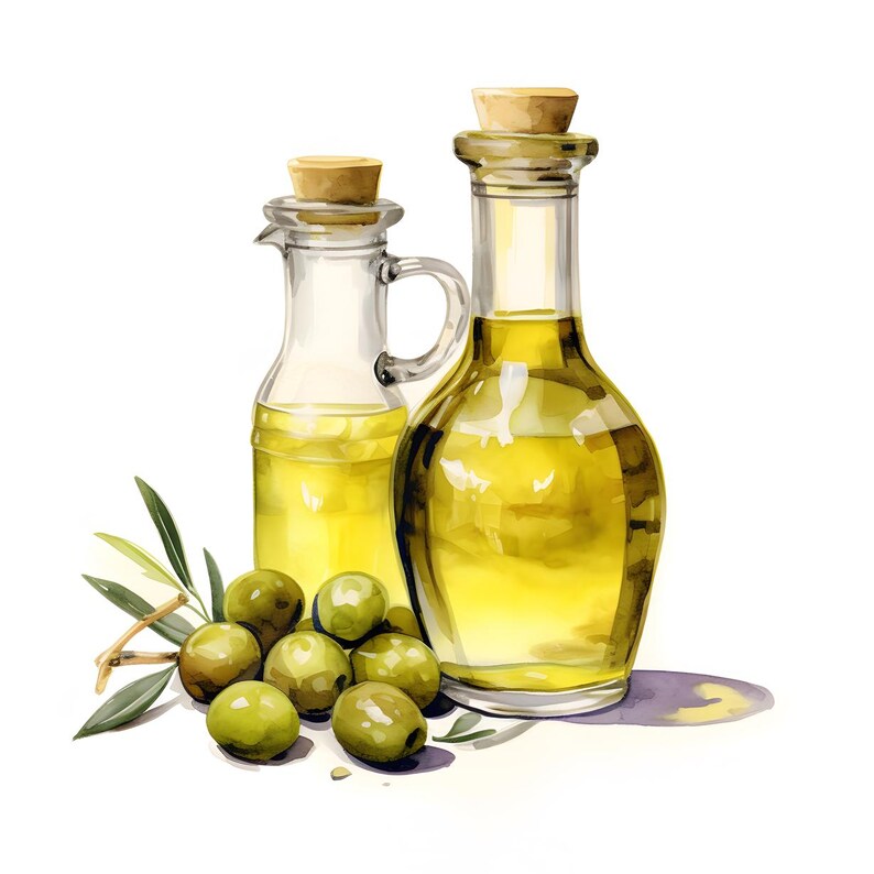 Puede incluir: Ilustraci&oacute;n en acuarela de botellas de aceite de oliva con tapones de corcho, llenas de aceite dorado. Aceitunas verdes y ramas de olivo se colocan frente a las botellas, sugiriendo un producto fresco y natural. La imagen tiene una est&eacute;tica limpia y brillante.