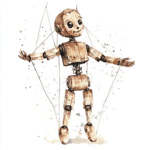 May include: Watercolor illustration of a wooden puppet with articulated joints and strings. The puppet has a round head, smiling face, and outstretched arms. The puppet is painted in shades of brown and tan, with watercolor splatters in the background.