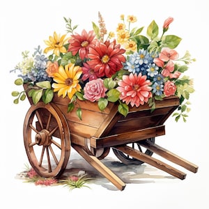 brouettes en bois vintage avec fleurs, clipart aquarelle imprimable, 10 fichiers JPG aquarelle de haute qualité, créations en papier, fabrication de cartes