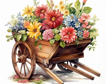 Floral Wheelbarrow Watercolor Clipart: Vintage JPG Set, 10 Watercolor JPG, Instant Downlod