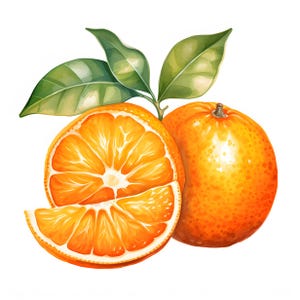 Puede incluir: Ilustración en acuarela de naranjas con hojas verdes. Se representa una naranja entera, una naranja en rodajas y una sola rodaja de naranja. Las naranjas son de color naranja brillante con una superficie texturizada y las hojas son verdes.
