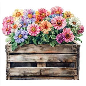 Blumen in einer alten Vintage Holzkiste, druckbare Aquarell Clipart, 10 hochwertige JPGs in Wasserfarbenoptik, zum Basteln von Papier, Kartengestaltung