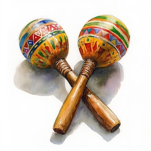 Pode incluir: Duas maracas de madeira com padrões geométricos coloridos. As maracas estão cruzadas e as alças são de madeira natural.