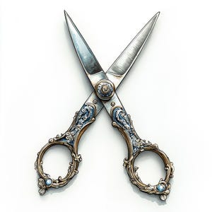 Puede incluir: Un par de tijeras de plata adornadas con mangos dorados y detalles azules. Los mangos están decorados con intrincados diseños florales.