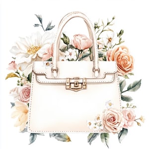 Elegante Damenhandtasche mit Blumen, druckbares Aquarell Clipart Bundle, 10 hochwertige Aquarell JPGs, Papierhandwerk, Kartenherstellung