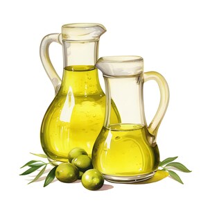 Puede incluir: Ilustraci&oacute;n en acuarela de dos jarras de vidrio llenas de aceite de oliva dorado. Aceitunas verdes y ramas de olivo est&aacute;n dispuestas en la base de las jarras, creando una composici&oacute;n de naturaleza muerta. Las jarras tienen asas y picos.