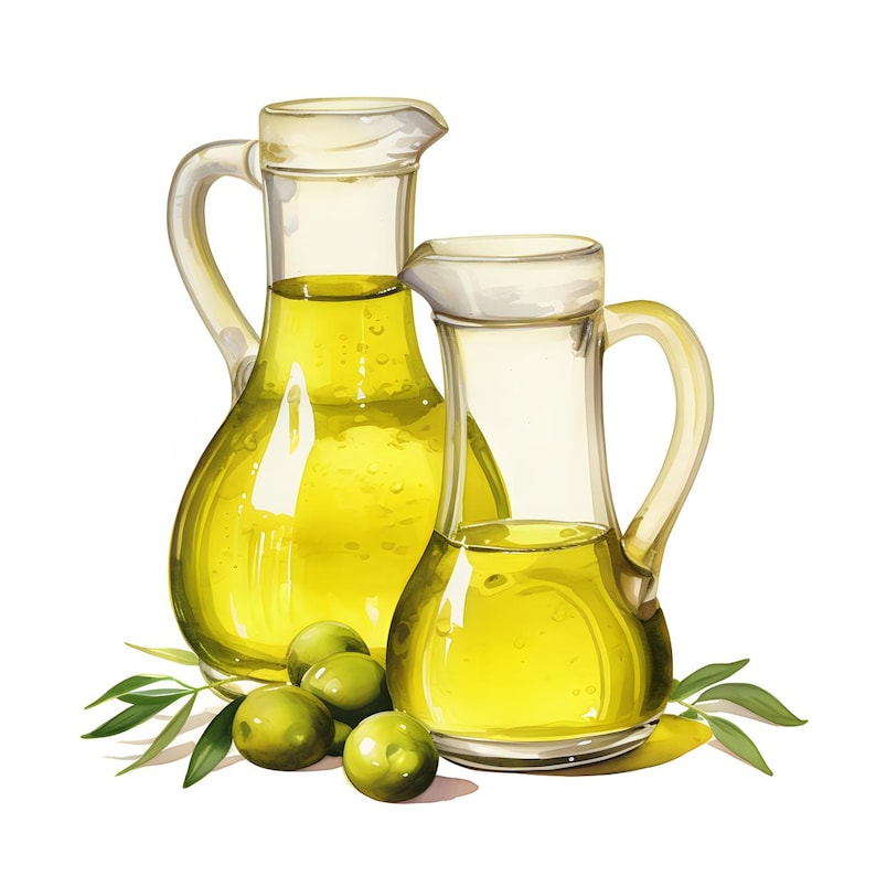 Puede incluir: Ilustraci&oacute;n en acuarela de dos jarras de vidrio llenas de aceite de oliva dorado. Aceitunas verdes y ramas de olivo est&aacute;n dispuestas en la base de las jarras, creando una composici&oacute;n de naturaleza muerta. Las jarras tienen asas y picos.