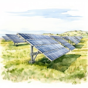 Puede incluir: Ilustración en acuarela de una matriz de paneles solares en un campo cubierto de hierba bajo un cielo azul con nubes. Los paneles están orientados hacia el espectador, con estructuras de soporte metálicas. La escena evoca la energía sostenible.