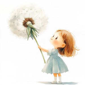 Jolie petite fille tenant un pissenlit géant, clipart aquarelle imprimable, 10 fichiers JPG aquarelle de haute qualité, créations en papier, fabrication de cartes
