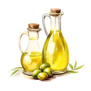 Puede incluir: Ilustraci&oacute;n en acuarela de dos botellas de aceite de oliva de vidrio con tapones de madera, llenas de aceite amarillo. Aceitunas verdes y hojas de olivo en la base de las botellas. La imagen tiene un fondo blanco.