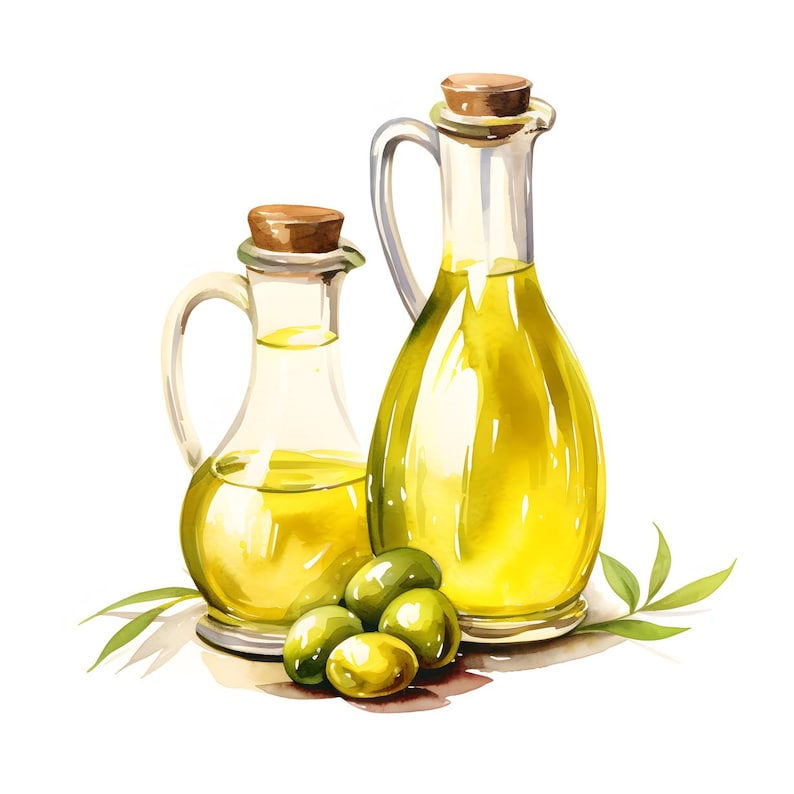 Puede incluir: Ilustraci&oacute;n en acuarela de dos botellas de aceite de oliva de vidrio con tapones de madera, llenas de aceite amarillo. Aceitunas verdes y hojas de olivo en la base de las botellas. La imagen tiene un fondo blanco.