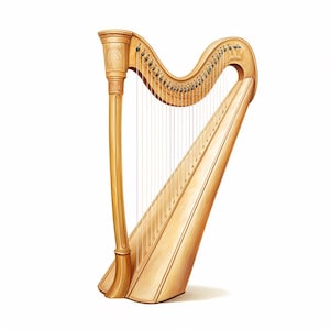 Könnte beinhalten: Eine Konzert-Harfe aus hellem Holz mit einer hohen vertikalen Säule, einem geschwungenen Hals mit zahlreichen Stimmwirbeln und einem großen Resonanzkörper. Das Instrument besitzt eine Reihe dünner, vertikaler Saiten zwischen Hals und Korpus.