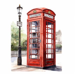 Cabina telefónica roja, cabina telefónica británica, paquete de imágenes prediseñadas de acuarela imprimibles, 10 archivos JPG de acuarela de alta calidad, manualidades con papel, fabricación de tarjetas