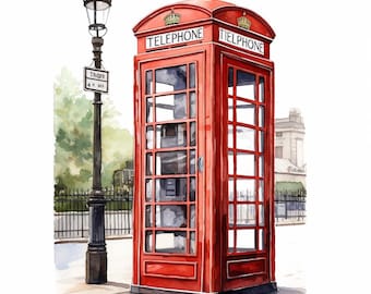Red Telephone Booth, British Phone Box, Printable Watercolor Clipart Bundle, 10 High Quality Watercolor JPGs, Paper crafts, Card Making