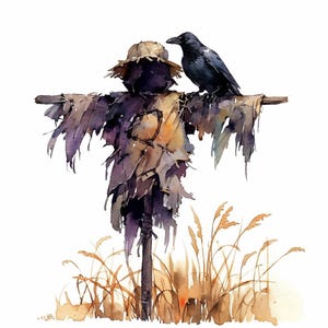 Corbeau assis sur l'épouvantail, ensemble de cliparts aquarelle imprimable, 10 fichiers JPG aquarelles de haute qualité, créations en papier, fabrication de cartes