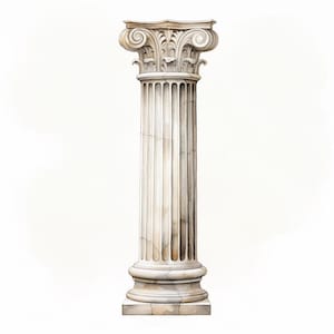May include: Watercolor illustration of a classical column. The column features a detailed capital with scroll and leaf designs, a fluted shaft, and a base. The color palette is primarily off-white and gray, with subtle shading to create depth.