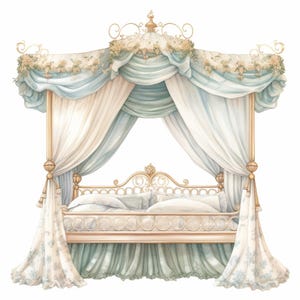 Elegant Princess Bed, Printable Watercolor Clipart Bundle, 10 High Quality Watercolor JPGs, Paper crafts, Card Making