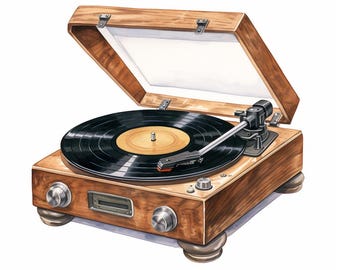 Vintage vinyl record player, Printable Watercolor clipart, 10 High Quality Watercolor JPGs, Paper crafts, Card Making