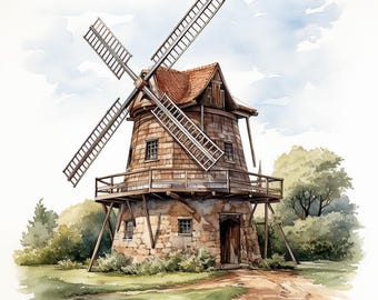 Molino de viento, paquete de imágenes prediseñadas de acuarela imprimibles, 10 archivos JPG de acuarela de alta calidad, manualidades de papel, creación de tarjetas