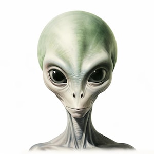 Op de afbeelding: Illustratie van een alien met een groot hoofd, grote zwarte ogen en een slanke nek. De huid van de alien is lichtgroen en grijs van kleur, met een gladde textuur. De achtergrond is wit.