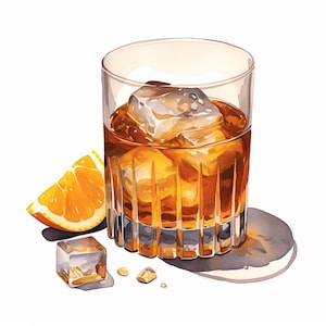 Cocktail Old Fashioned, Clipart acquerello stampabile, 10 JPG acquerello di alta qualità, Artigianato di carta, Creazione di biglietti