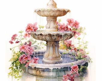 Fuente elegante con flores, fuente decorativa, paquete de imágenes prediseñadas de acuarela imprimibles, 10 JPG de acuarela de alta calidad, descarga instantánea