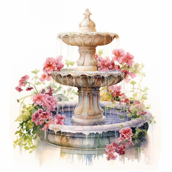 Elegant Fountain With Flowers, Decorative Fountain, Printable