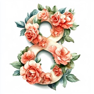Puede incluir: Ilustración en acuarela del número ocho, adornada con rosas color melocotón y hojas verdes. El arreglo floral se presenta sobre un fondo blanco, creando un diseño suave y elegante.