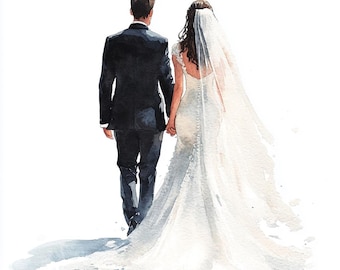 Wedding Couple from Behind, Bride and Groom, Printable Watercolor Clipart Bundle, 10 High Quality Watercolor JPGs, Paper crafts, Card Making