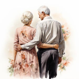 Una linda pareja de ancianos, clipart de acuarela imprimible, 10 archivos JPG de acuarela de alta calidad, manualidades de papel, fabricación de tarjetas
