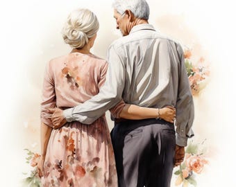 A cute elderly couple, Printable Watercolor clipart, 10 High Quality Watercolor JPGs, Paper crafts, Card Making
