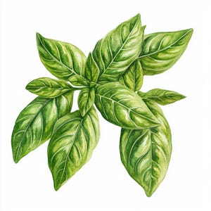 May include: A sprig of fresh green basil with multiple leaves, painted in watercolour.