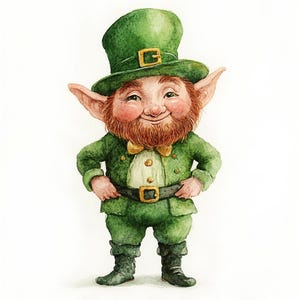 May include: A watercolour illustration of a leprechaun with a reddish-brown beard and pointed ears. The figure wears a green top hat with a gold buckle, a green jacket with gold buttons, a yellow bowtie, a black belt with a gold buckle, and dark boots.