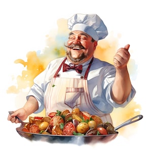 Può includere: Illustrazione ad acquerello di uno chef sorridente che tiene in mano una padella di verdure arrostite. Lo chef indossa una divisa bianca, un grembiule e un papillon. La padella contiene varie verdure colorate e lo chef fa il pollice in su.