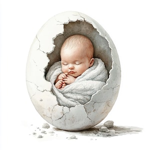 Schattige baby voorzichtig genesteld in een gebarsten ei, afdrukbare aquarel clipart, 10 hoogwaardige aquarel jpg's, Papierkunst, Kaarten maken