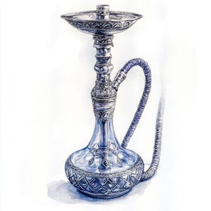 May include: A silver hookah with a blue glass base and a decorative design. The hookah has a long, flexible hose attached to the base.