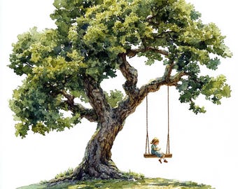 A swing on a tree, Printable Watercolor clipart, 10 High Quality Watercolor JPGs, Paper crafts, Card Making