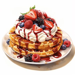 Belgische Waffel mit Beeren und Sahne, druckbares Aquarell Clipart Bundle, 10 hochwertige Aquarell JPGs, Papierhandwerk, Kartenherstellung