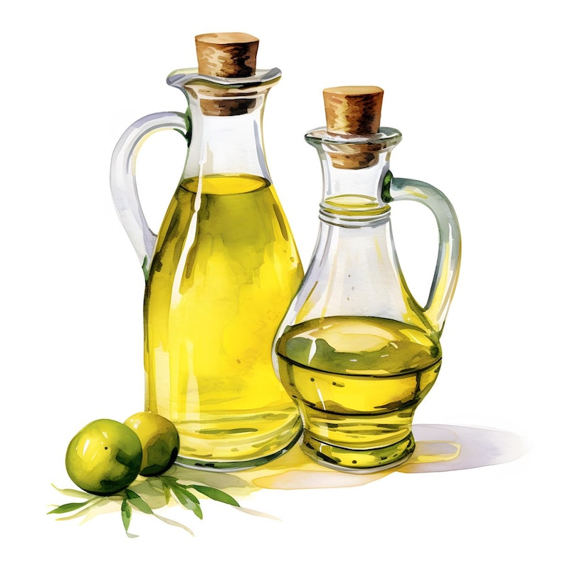 Puede incluir: Ilustraci&oacute;n en acuarela de dos botellas de aceite de oliva de vidrio con tapones de corcho. Las botellas est&aacute;n llenas de aceite amarillo y tienen asas curvas. Dos aceitunas verdes y hojas de olivo est&aacute;n en la base de las botellas.