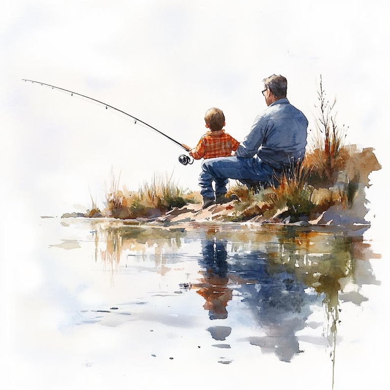 Father and Son Fishing, Father's Day, Printable Watercolor Clipart, 10 ...