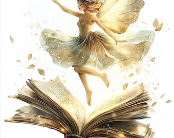 Fairy Flying Over Book: Watercolor Clipart (Digital JPGs)