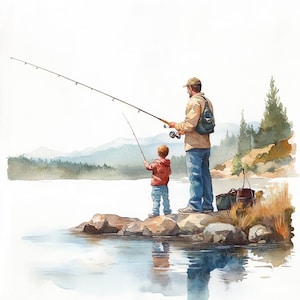 Father and son fishing, Father&#39;s Day, Printable Watercolor clipart, 10 High Quality Watercolor JPGs, Paper crafts, Card Making