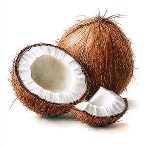 May include: Three coconuts, one whole and two halves, with brown husks and white flesh. The coconuts are arranged on a white background.