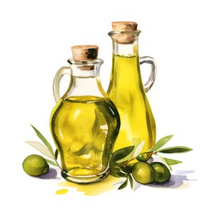 Puede incluir: Ilustraci&oacute;n en acuarela de dos botellas de aceite de oliva de vidrio con tapones de corcho. Las botellas est&aacute;n llenas de aceite amarillo y rodeadas de aceitunas verdes y ramas de olivo. La imagen tiene un aspecto brillante y fresco.
