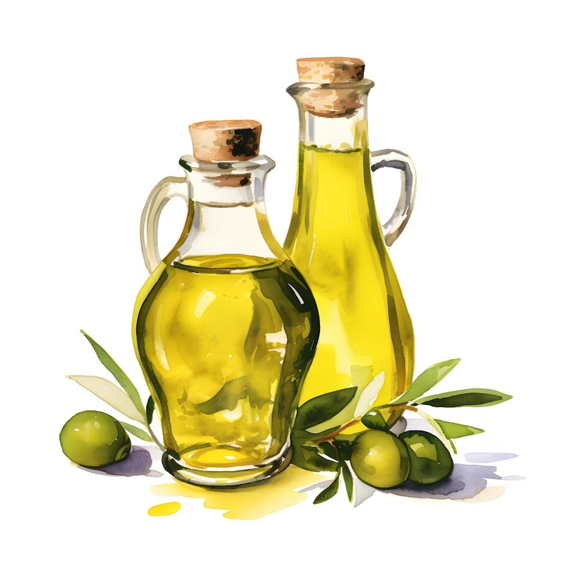Puede incluir: Ilustraci&oacute;n en acuarela de dos botellas de aceite de oliva de vidrio con tapones de corcho. Las botellas est&aacute;n llenas de aceite amarillo y rodeadas de aceitunas verdes y ramas de olivo. La imagen tiene un aspecto brillante y fresco.