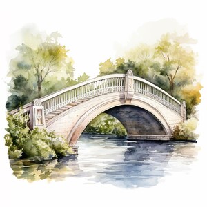 Può includere: Un dipinto ad acquerello di un ponte in pietra ad arco che attraversa uno specchio d'acqua calmo. Il ponte presenta ringhiere bianche e pilastri decorativi, circondato da un fogliame verde e giallo che si riflette dolcemente nell'acqua.