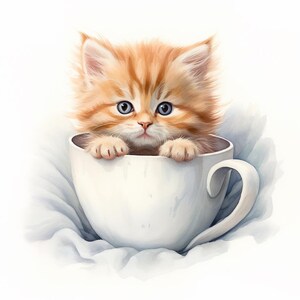 Gattino in tazza, Clipart acquerello stampabile, 10 JPG acquerello di alta qualità, Artigianato di carta, Creazione di biglietti