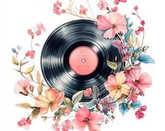 花のイラストが入ったビニールレコード、音楽の装飾、印刷可能な水彩画クリップアートセット、10枚の高品質水彩画JPG、すぐにダウンロード可能