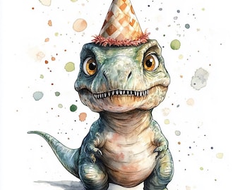 Tyrannosaurus in Birthday Hat, Happy Birthday Card, Printable Watercolor clipart, 10 High Quality Watercolor JPGs, Paper crafts, Card Making